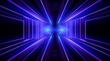 Fototapeta Przestrzenne - Abstract background, hyper jump. Grids neon glow light lines design on perspective floor, 3d technology abstract neon light background. Abstract flight in retro neon hyper warp space in the tunnel.
