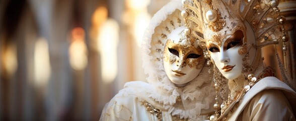  venice carnival couple at Masquerade ball at Venice with ornate masks and luxury costumes, horizontal banner, copy space for text