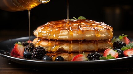 Wall Mural - A chef's hand drizzling honey over a stack of fluffy pancakes.