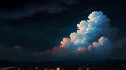 Sky over the city. Beautiful glowing clouds. Generative AI