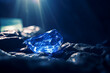 Precious blue sapphire underwater. sunlight, crystal on natural background