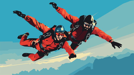 Wall Mural - thrill of tandem skydiving in a vector scene featuring an experienced skydiving instructor and a tandem student in freefall. 