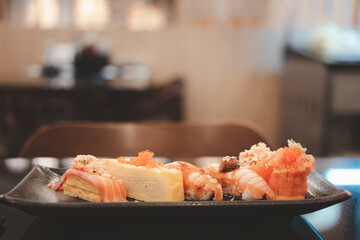 Wall Mural - Close up of sashimi sushi set served on tray