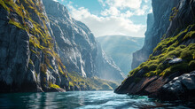 A Panoramic Scene Of A Majestic Fjord With Steep Cliffs And Deep Blue Waters,