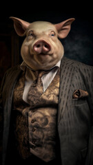 Wall Mural - Pig dressed in an elegant suit, standing as a confident leader and a powerful businessman. Fashion portrait of an anthropomorphic animal posing with a charismatic human attitude