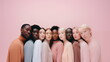 Diverse group of beautiful people. People of different ethnicity and skin color looking at camera. Diversity, Unity, youth, beauty concept. Banner with copy space for text.