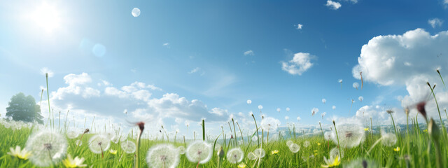 Poster - Vibrant and sunlit meadow filled with dandelions in various stages of bloom, against a backdrop of a clear blue sky