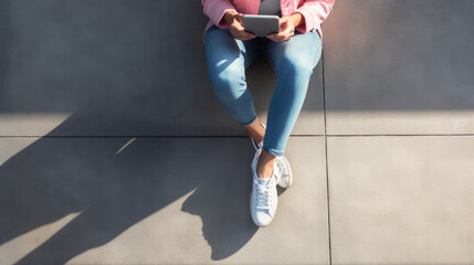 Canvas Print - Top view of a person's holding a smartphone with a blank screen in their hands