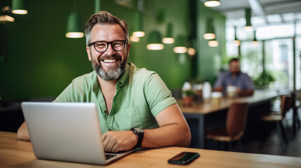 Poster - cheerful man with a beard and glasses working on a laptop at a wooden desk