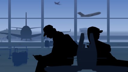 The frame shows an airport with a waiting room. Two people in silhouette are sitting on opposite sides, a man is taking selfies. A girl is taking a nap. In their background is a runway with airplanes