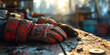 Working Gear, Featuring Clothing, Gloves, Helmets, Adhesive Tapes, and Abrasives in a Palette of Red, White, Black, and Grey. Dramatic Lighting Casts Shadows on a Sunny Day