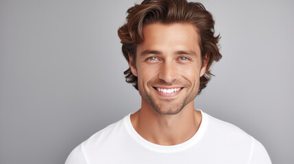 Wall Mural - Studio portrait of a smiling man wearing a white T-shirt, exuding confidence and friendliness against a neutral gray background.