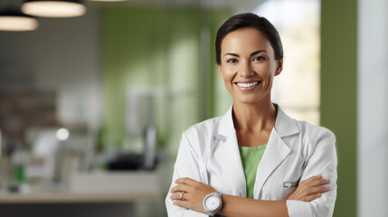 Portrait of a woman smiling in a medical lab coat, representing a healthcare professional