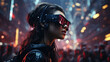 A young woman with cyber glasses on the street of a big city