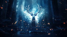 Silver Glowing Magical Stag In Dark Forest