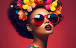 Portrait of a black woman with a wreath of tropical flowers in her hair, red sunglasses, red lipstick, and red background. 
