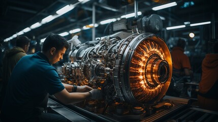 Wall Mural - Male and female workers working in high-tech machinery production in an industrial facility.