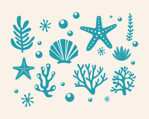 marine life illustration pattern vector coral, shell, scallop, starfish, deep sea background layout 