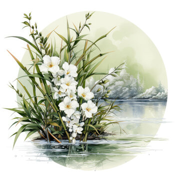 watercolor bamboo flower clipart, Generative Ai