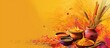 Happy Lohri celebration with festival elements like bonfire, dhol, wheat ear, and sweet bowls on a yellow background.