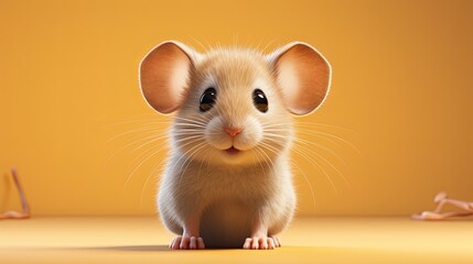 Wall Mural - Nice mouse, cartoon style on yellow plain background.