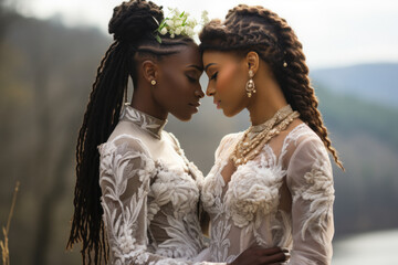 Two multinational lesbians in wedding dresses on the background of a natural landscape