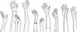 Raised Hands Uniting in Support, line art vector, Hand-Drawn Illustration for National Breast Cancer Awareness Month, Healthcare Awareness, multitude hands raised, many people, hands, cancer, 