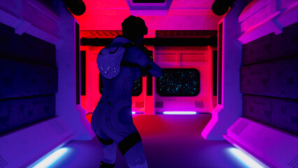 Wall Mural - an astronaut alone in a gloomy space station (3d rendering)