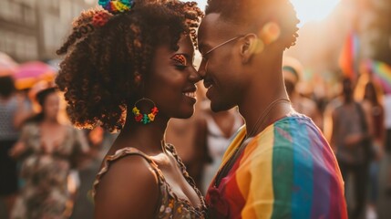 LGBT pride. Happy couple at the LGBT parade. Freedom of love and diversity