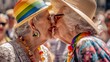 © Vladimir - LGBT pride. Happy elderly female couple at the LGBT parade. Freedom of love and diversity. Kiss