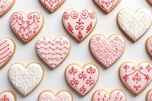 Valentine S Day Pattern With Heart Shaped Cookies With Pink And White Icing