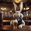 Ein  realistischer Osterhase sitzt in einer Bar und prostet mit einem Bier in die Kamera. Ostergruß