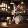 Ein realistischer Osterhase sitzt in einer Bar und prostet mit einem Bier in die Kamera. Ostergruß