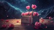 Valentines day concept with tulip flowers and gift box over rustic background A surreal scene where tulip flowers and a gift box float weightlessly in a dreamlike space.