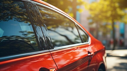 Closeup side glass window of a car parked on street on summer sunny day, side view. Mockup empty copy space for stickers or decals