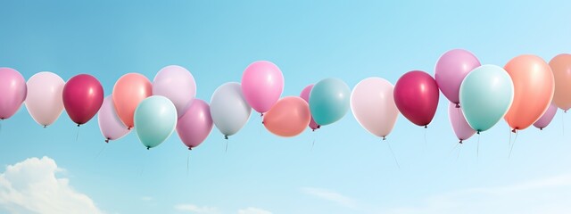 Pastel colors balloons bunch in blue sunny sky background with copy space