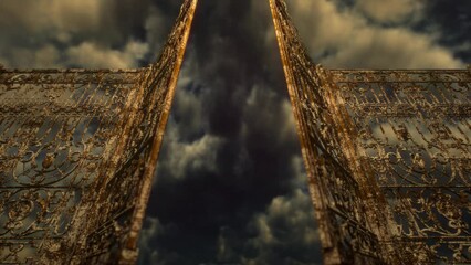 Wall Mural - Old rusty gate to hell. The gates are closing against the backdrop of a dark, gloomy sky. Devil's portal. 3D video animation 4K