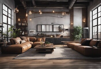 Sticker - Living room loft in industrial style with brown furniture and big windows 3d render