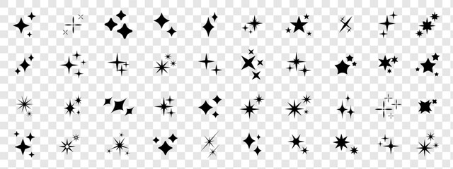 Wall Mural - Set of sparkles star icons. Rating star .Bright vector stars .Flash,shine sparkle icon,glare,light,blink star. Modern simple black stars collection isolated on transparent background