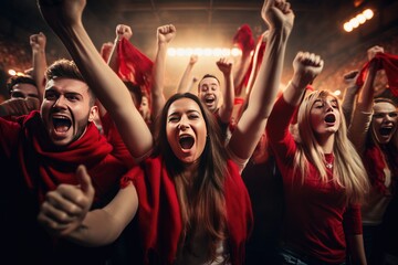 Canvas Print - Group of football fans are cheering for their team victory mix colour t shirt. Generative ai