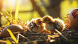 Hatched chicks next to their broken egg shells in the spring