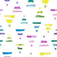 Wall Mural - Colorful triangles pattern. Seamless geometric background with striped watercolor triangle shapes