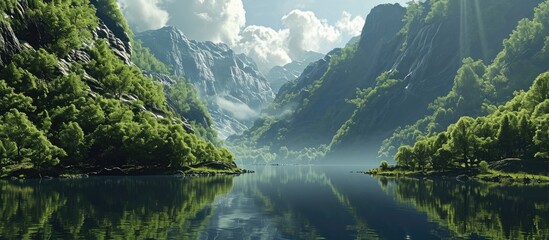 Mountain lake with lush forest and cloud reflection resembling Earth.