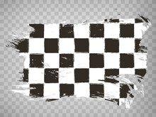 Grunge Waing Car Race Flag, Brush Stroke Background. Checkered Pattern Of Start And Finish Of Auto Rally And Motocross, Banner For Karting Sport, Championship Trophy On Transparent Background, EPS10.