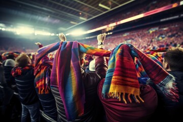 Canvas Print - Group of football fans are cheering for their team victory mix colour t shirt. Generative ai