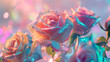 Minimal surrealism background with roses in pastel holographic colors with gradient