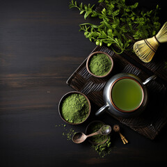 Wall Mural - tea ceremony with green leaves and teapot
