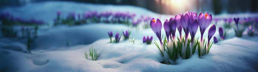 Wall Mural - Crocus Purple spring flower growth in the snow with copy space for text. Floral wide panorama. Crocus Iridaceae