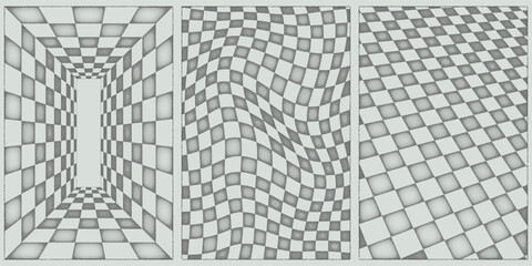 Poster - Simple stipple abstract geometric black and white checkerboard grid backgrounds. Futuristic, retro, psychedelic, cyberpunk, or Y2k style pattern for poster element. Vector illustration