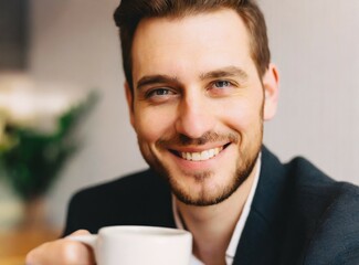 Poster - Caucasian businessman having coffee at office